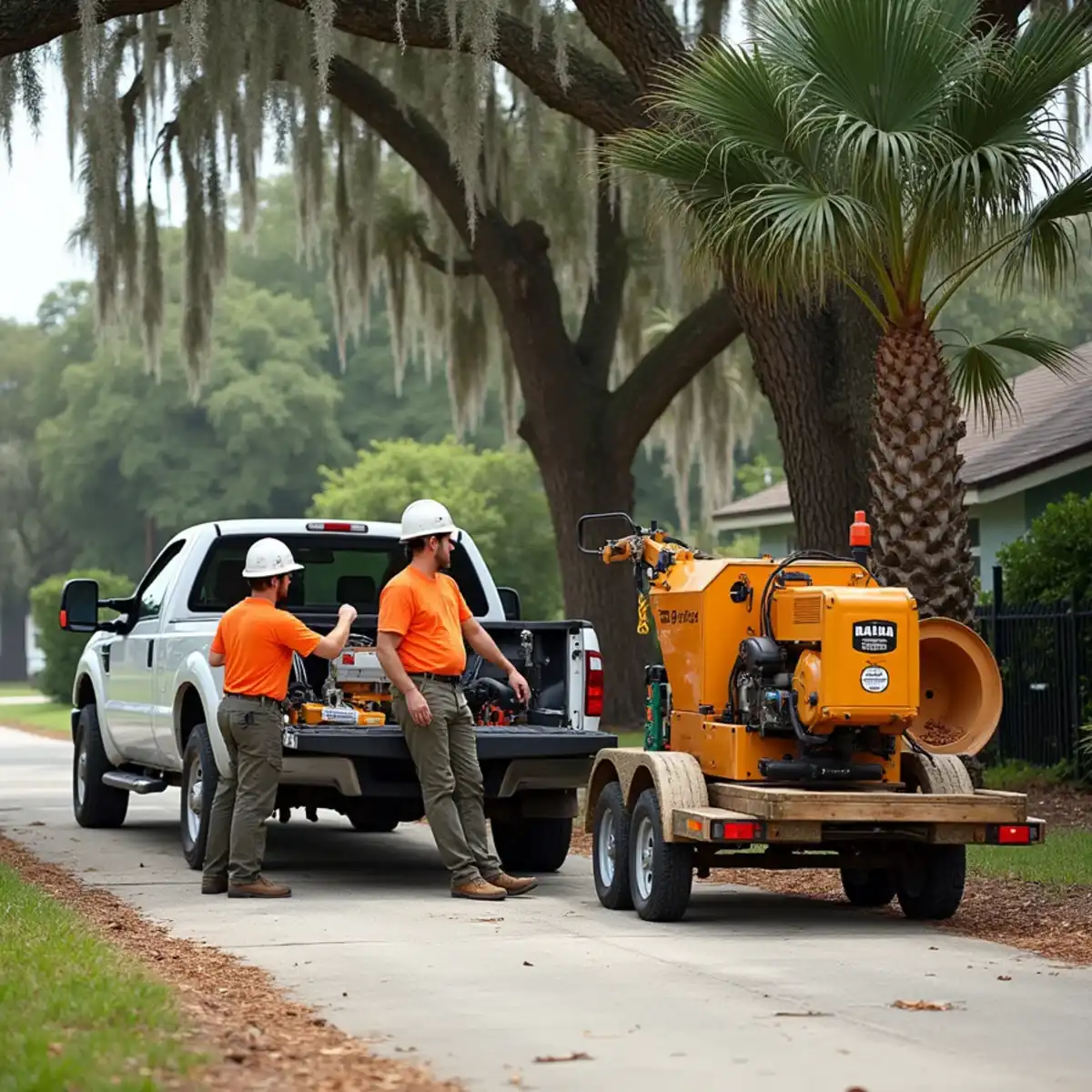 Have Faith Trees crew and equipment at a job site in St. Augustine, Florida