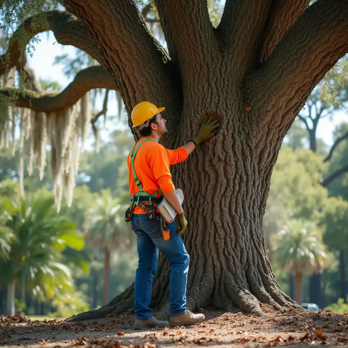 Arborist inspecting a live oak canopy in Northeast Florida