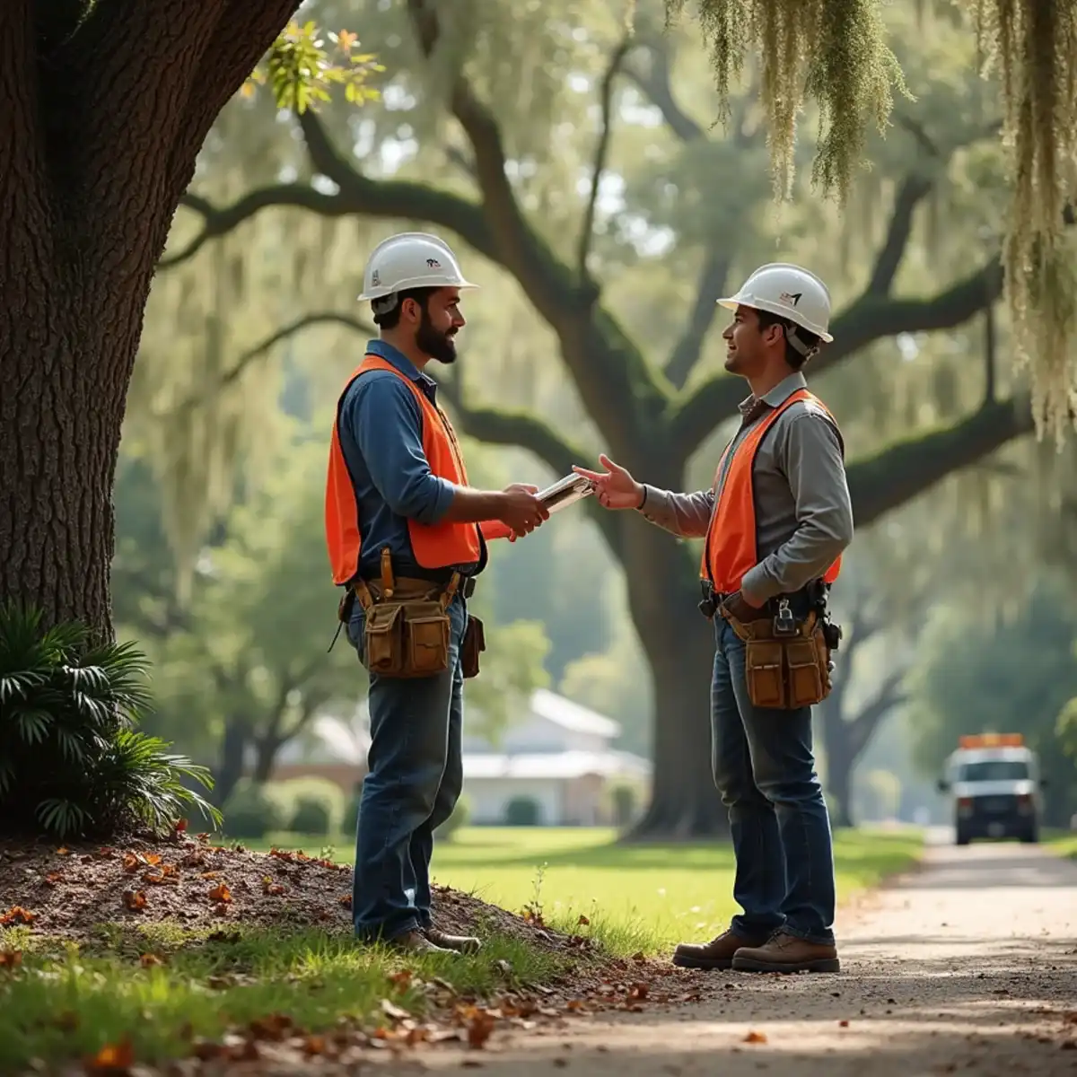 Homeowner reviewing a written tree service estimate with an arborist in a St. Augustine, FL yard