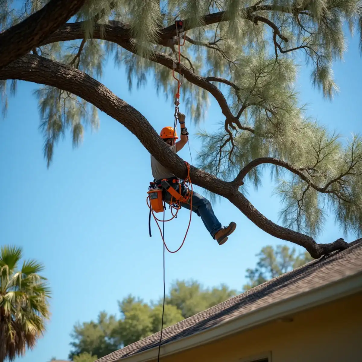 Arborist reducing an over-extended oak limb over a roof before hurricane season in Northeast Florida
