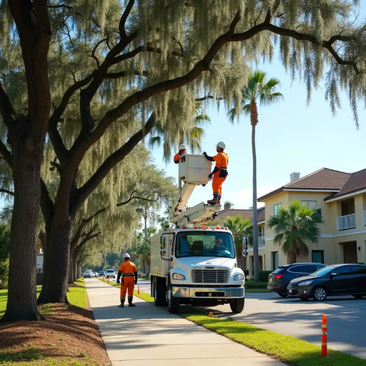 Commercial tree crew trimming canopy along an HOA common area in St. Augustine, FL