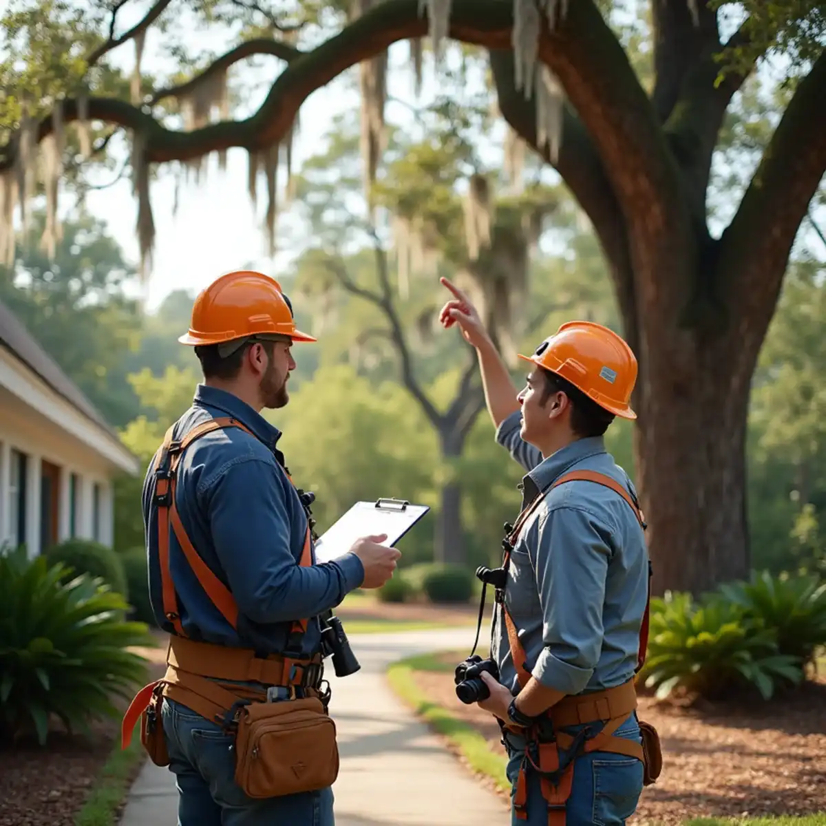 Arborist inspecting a live oak for storm risk before hurricane season in St. Augustine, FL