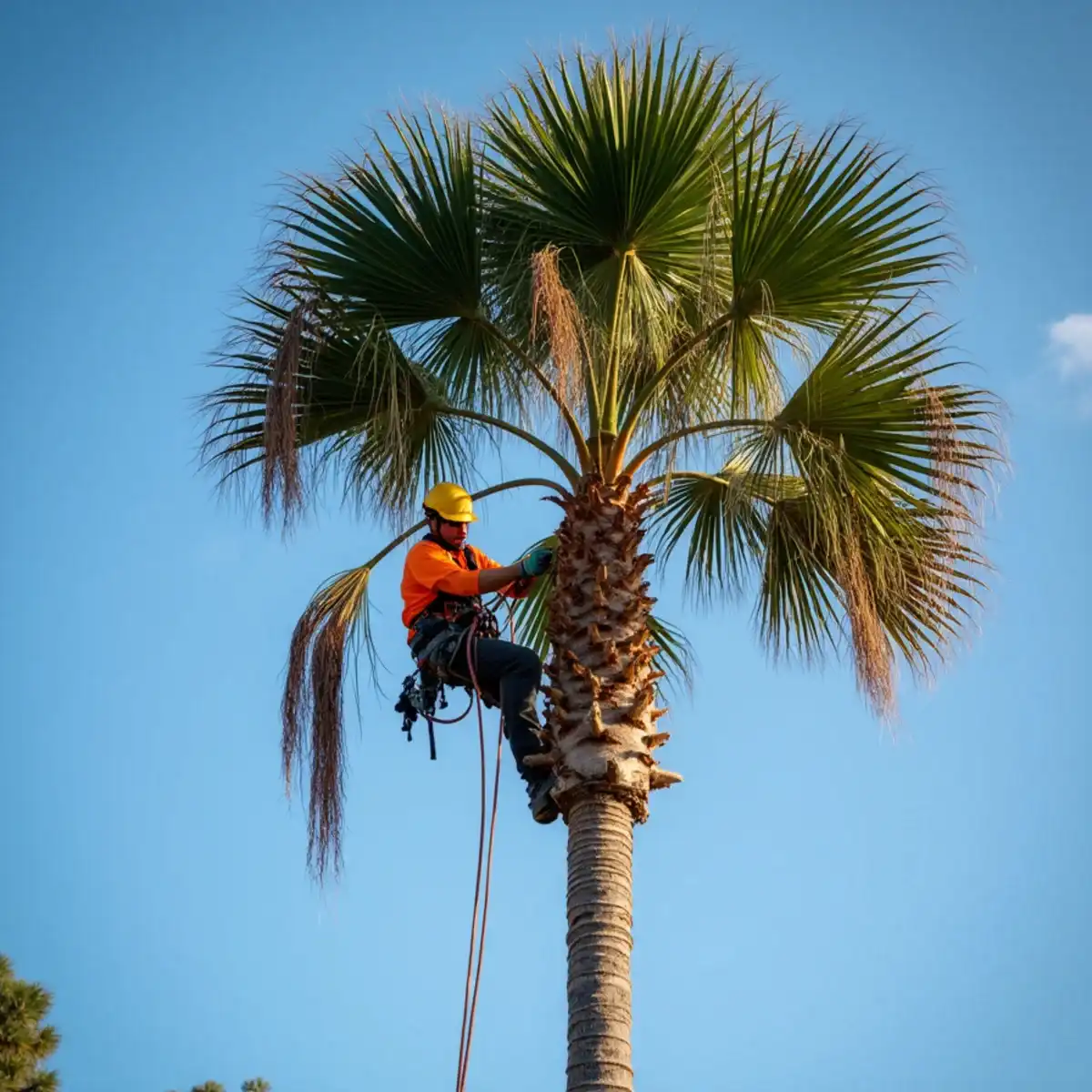 Climber trimming a sabal palm with a chainsaw above a St. Augustine, FL property