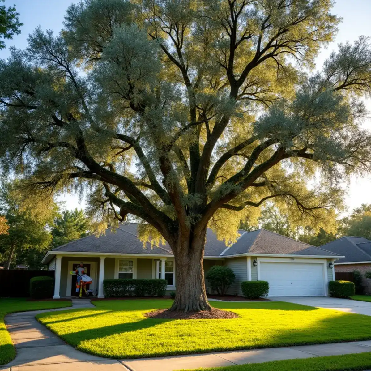 Freshly trimmed oak canopy and cleared yard after a Have Faith Trees job in St. Augustine, FL