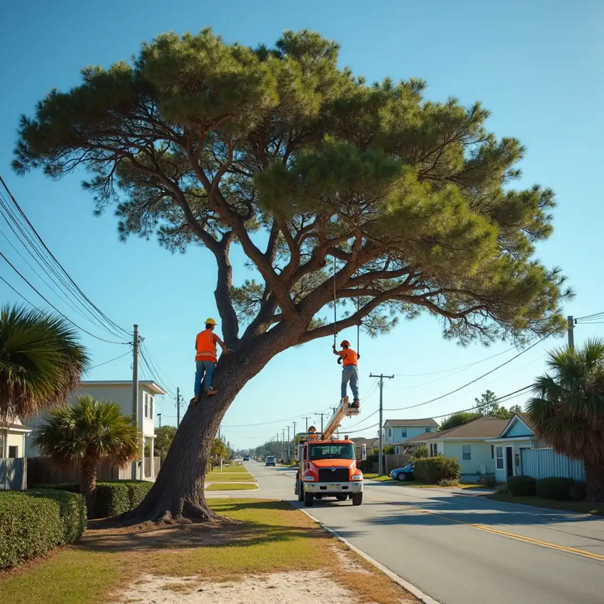 Tree service crew working on mature canopy in Flagler Beach, FL