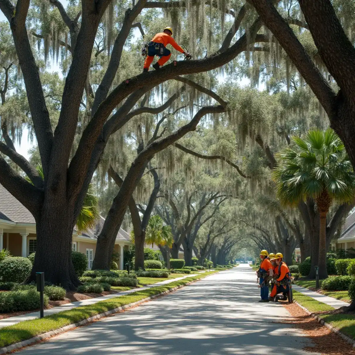 Tree service crew working on mature canopy in Julington Creek, FL