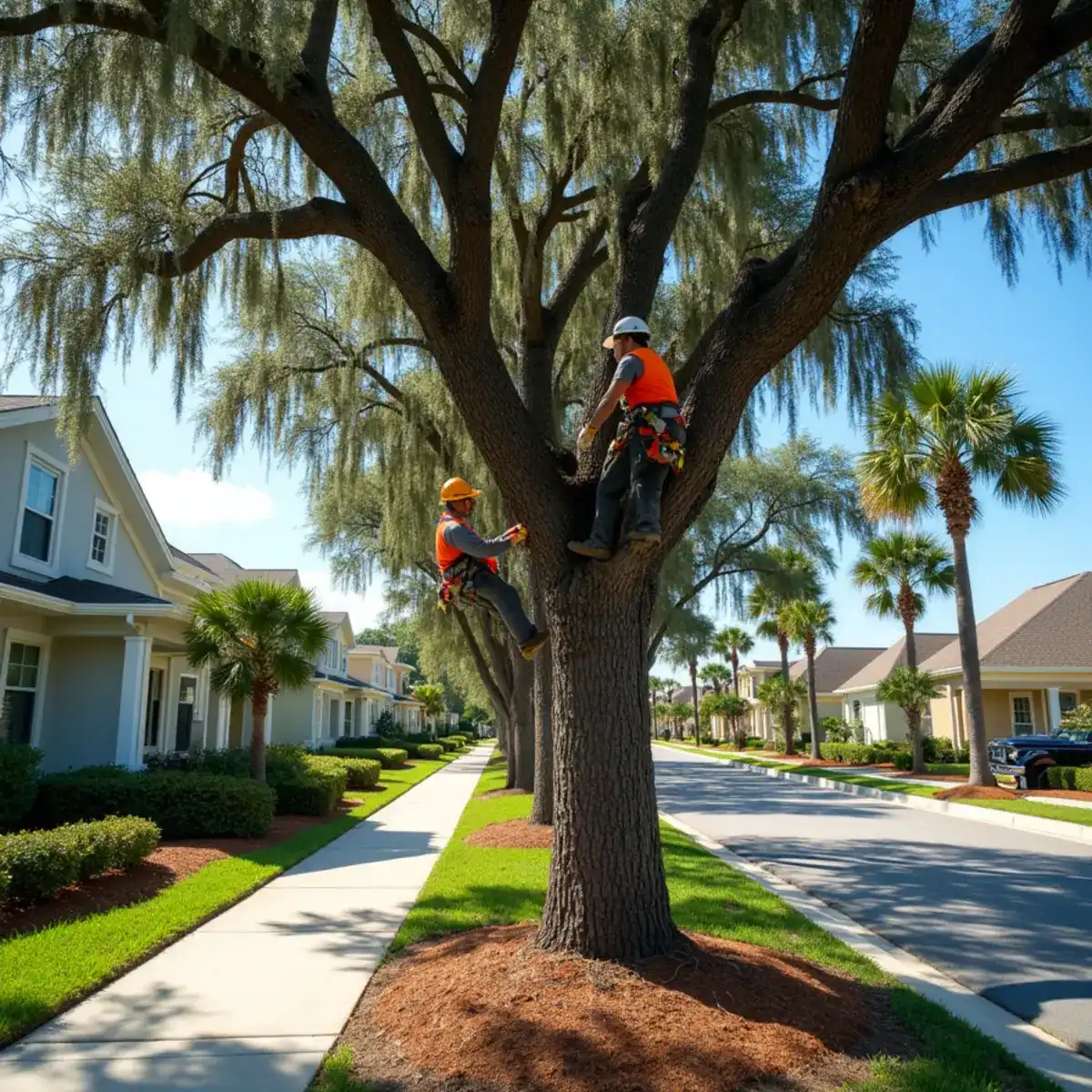 Tree service crew working on mature canopy in Nocatee, FL