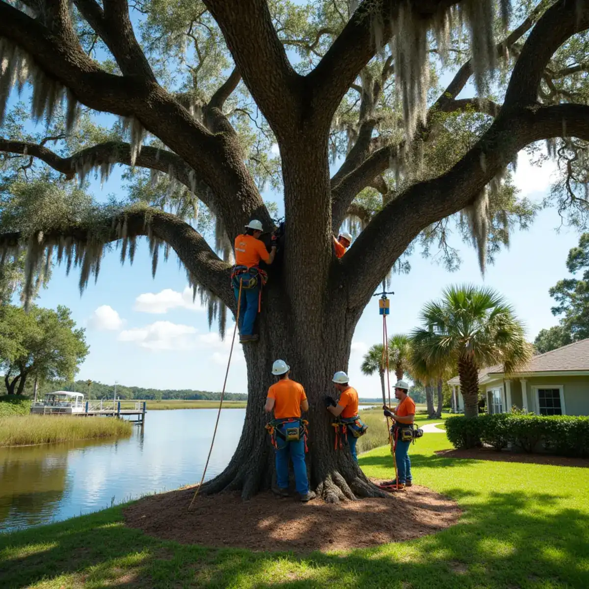 Tree service crew working on mature canopy in Palm Valley, FL