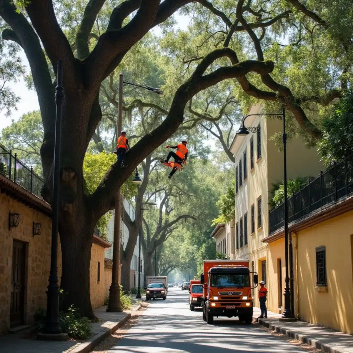 Tree service crew working on mature canopy in St. Augustine, FL