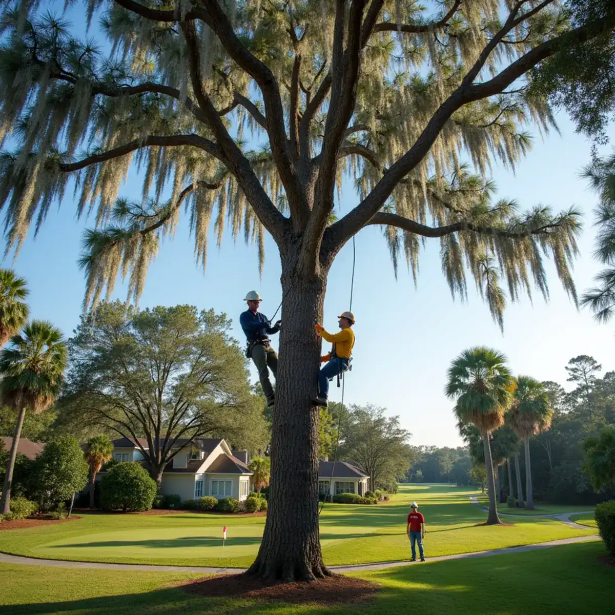 Tree service crew working on mature canopy in World Golf Village, FL