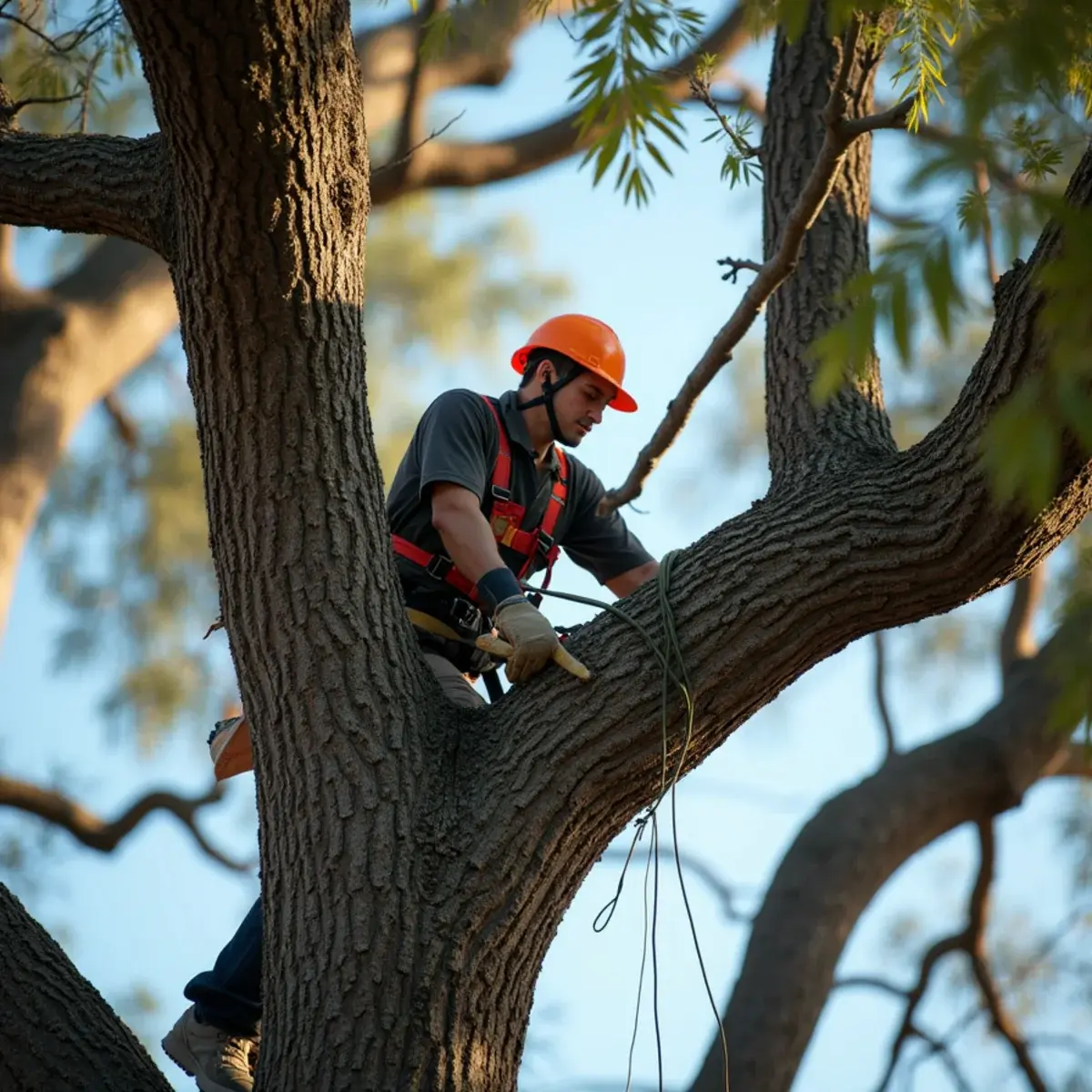 Climber making a proper reduction cut in a live oak canopy during winter pruning season in Florida