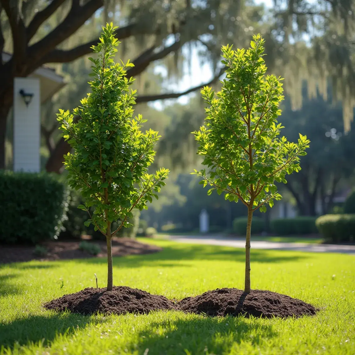 Young live oak and southern magnolia planted in a Northeast Florida yard with proper mulch rings