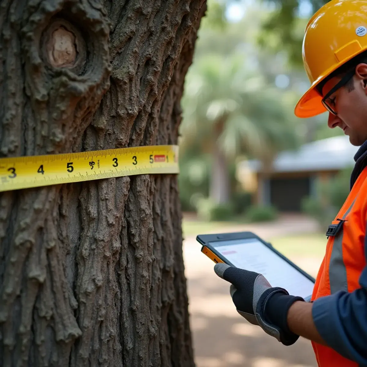 Arborist measuring trunk diameter with a tape for a tree removal permit application in St. Johns County, FL
