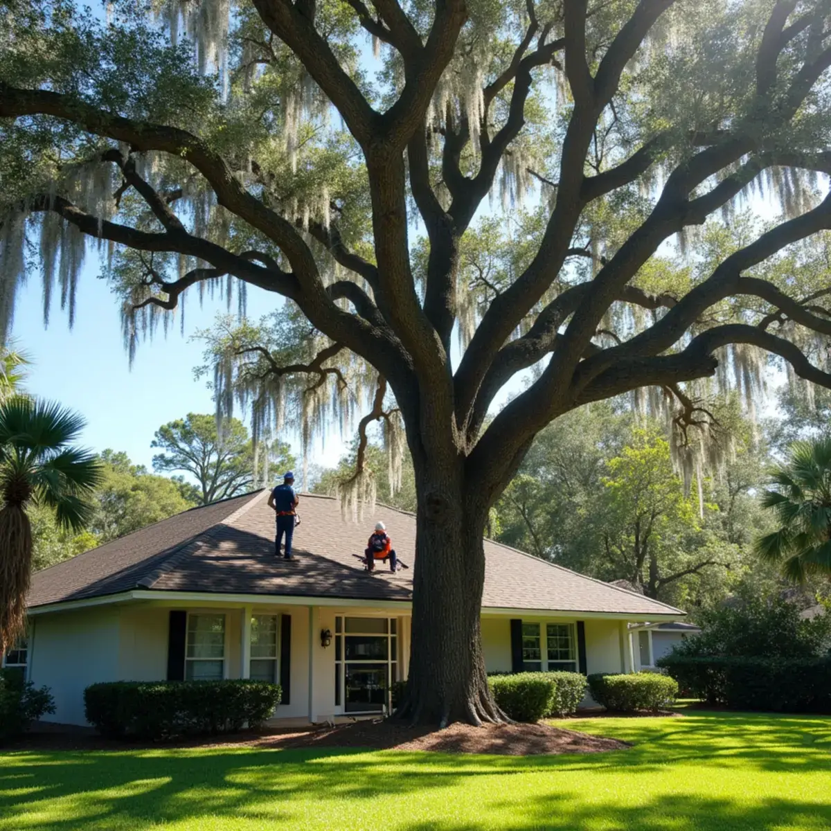 Well-maintained oak canopy over a Florida home showing regular professional trimming