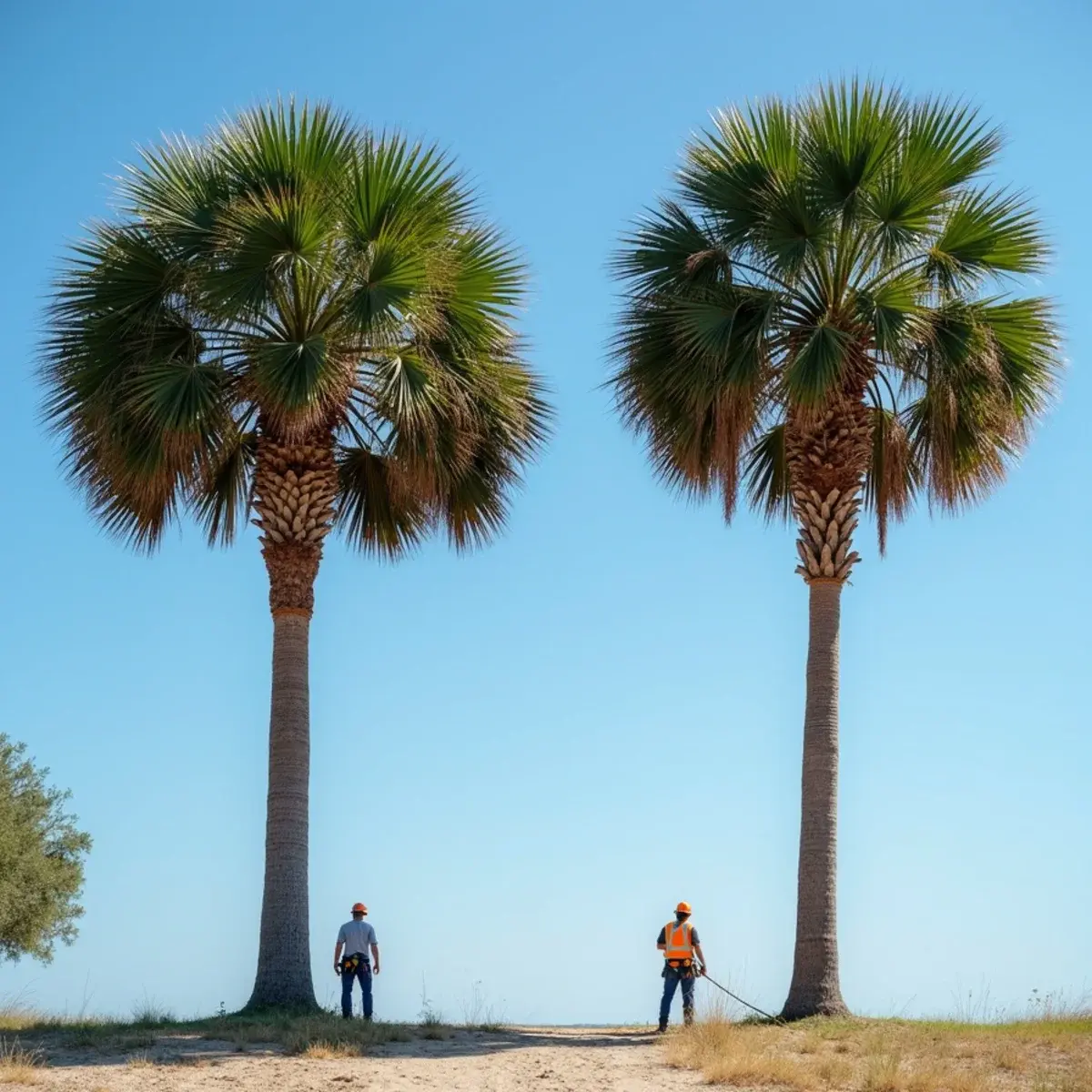 Properly trimmed sabal palm with a full green canopy next to an over-pruned palm in Florida