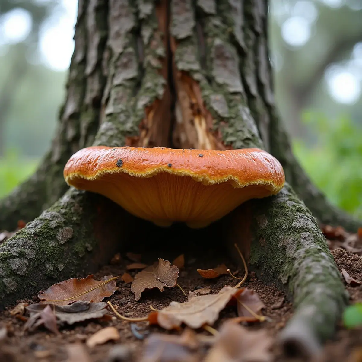 Fungal conk and decay at the base of a laurel oak trunk indicating the tree needs removal