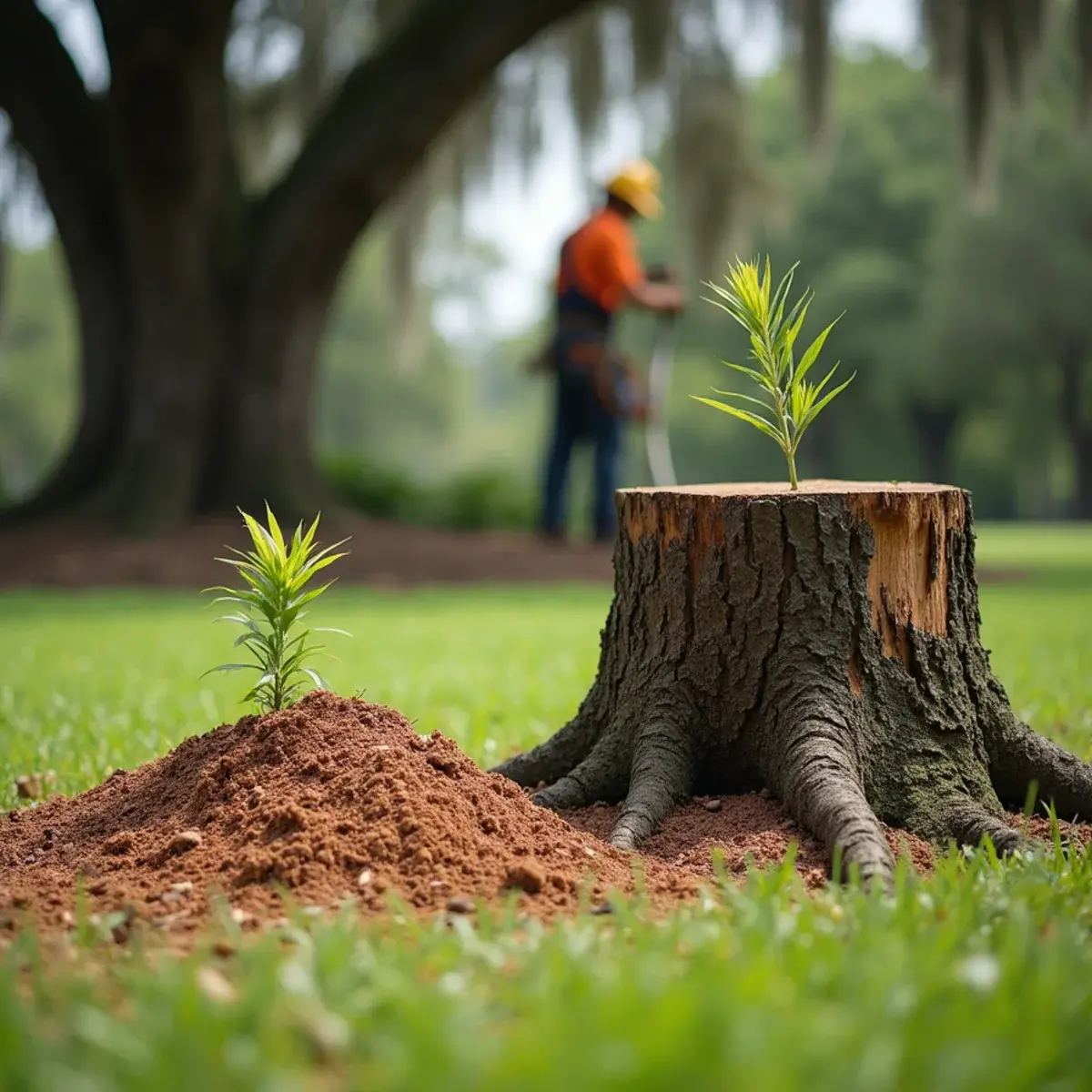 Stump grinder cutting an oak stump below grade beside an untouched stump for comparison