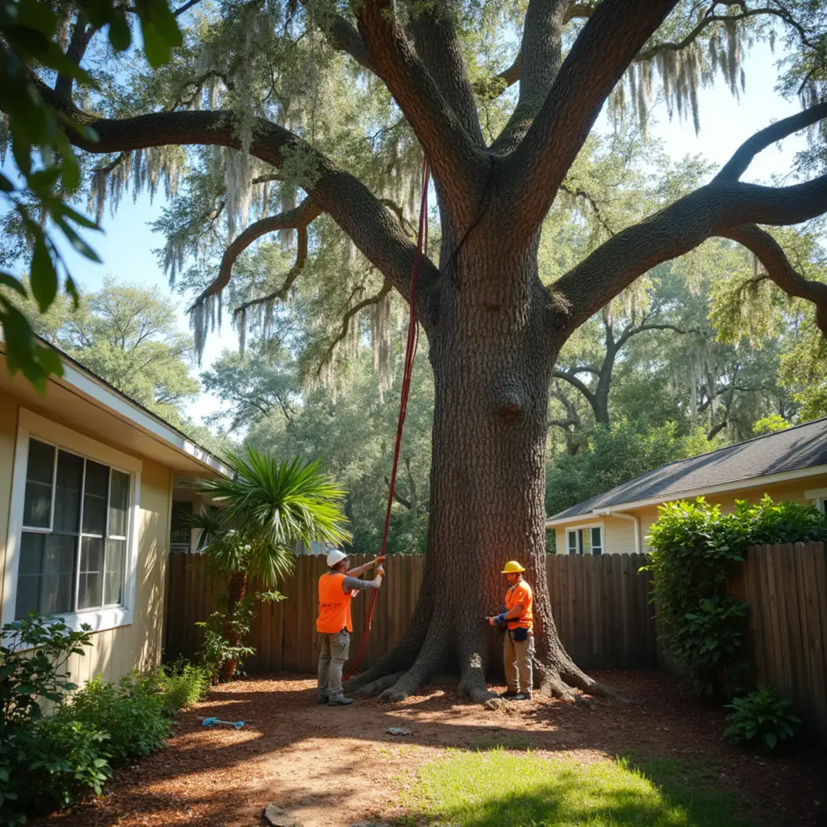 Crew sectioning a large oak during a tree removal in a St. Augustine, FL back yard