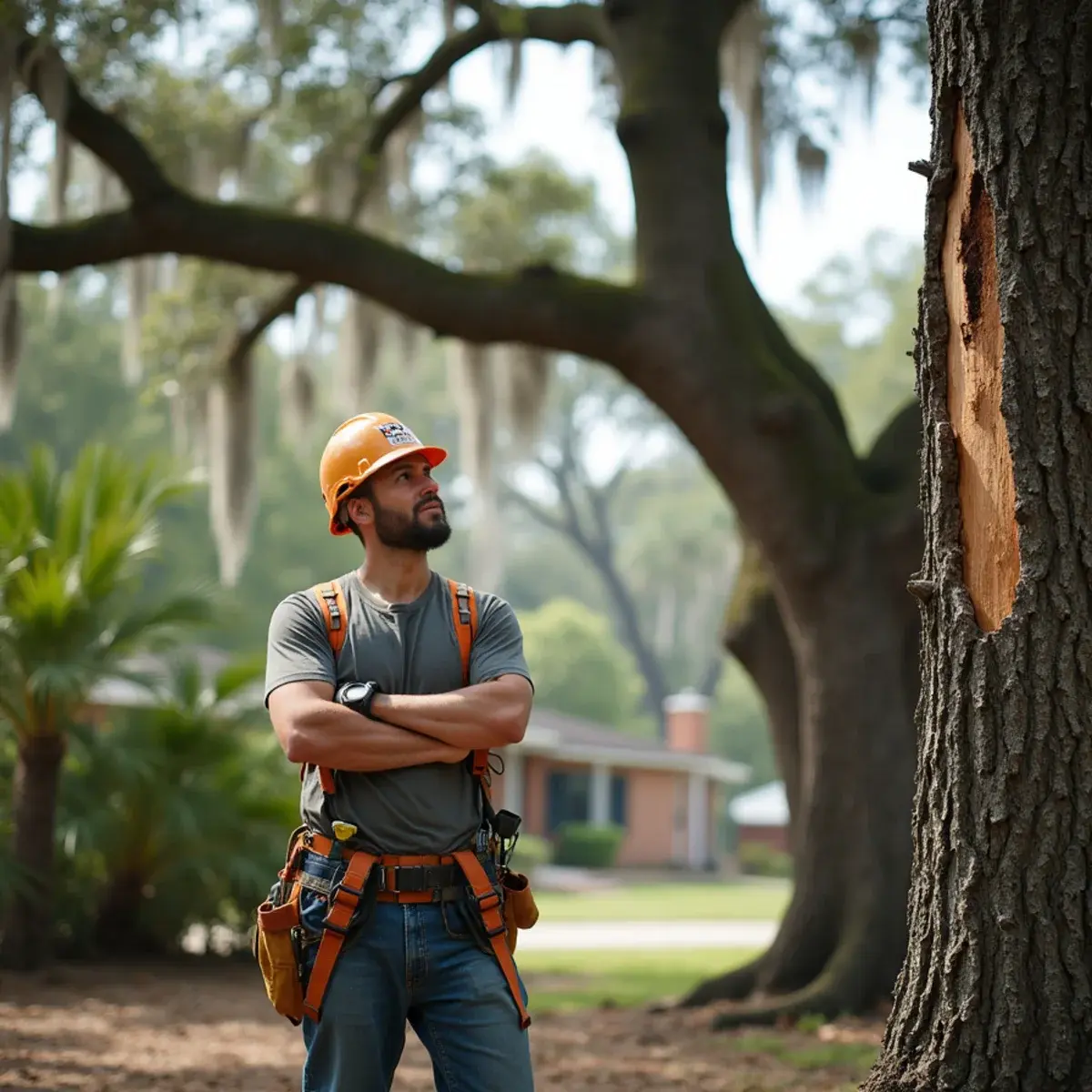 Arborist assessing whether a damaged oak limb should be pruned or the tree removed in St. Augustine, FL