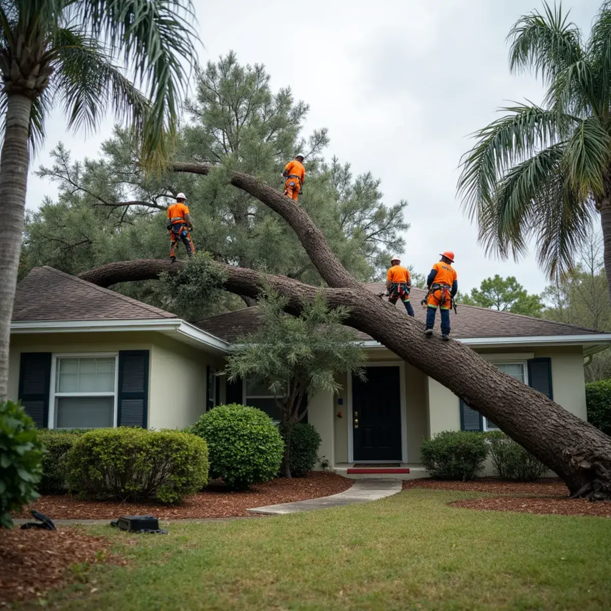 Storm-damaged pine resting on the roof of a Florida home awaiting emergency tree removal