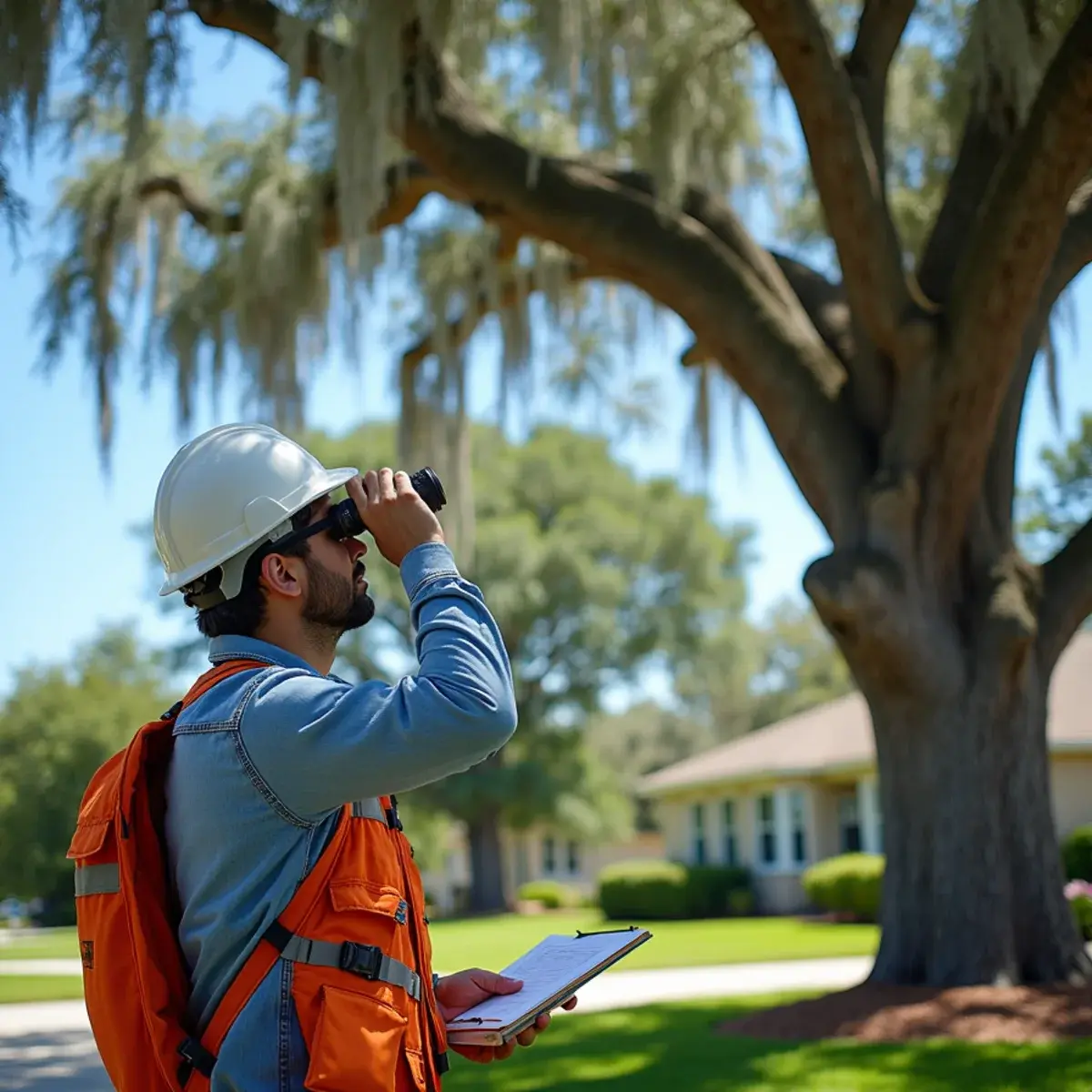 Arborist assessing canopy, hurricane tree preparation in St. Augustine, FL