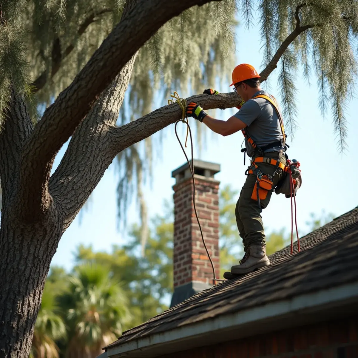 Weight reduction pruning, hurricane tree preparation in St. Augustine, FL