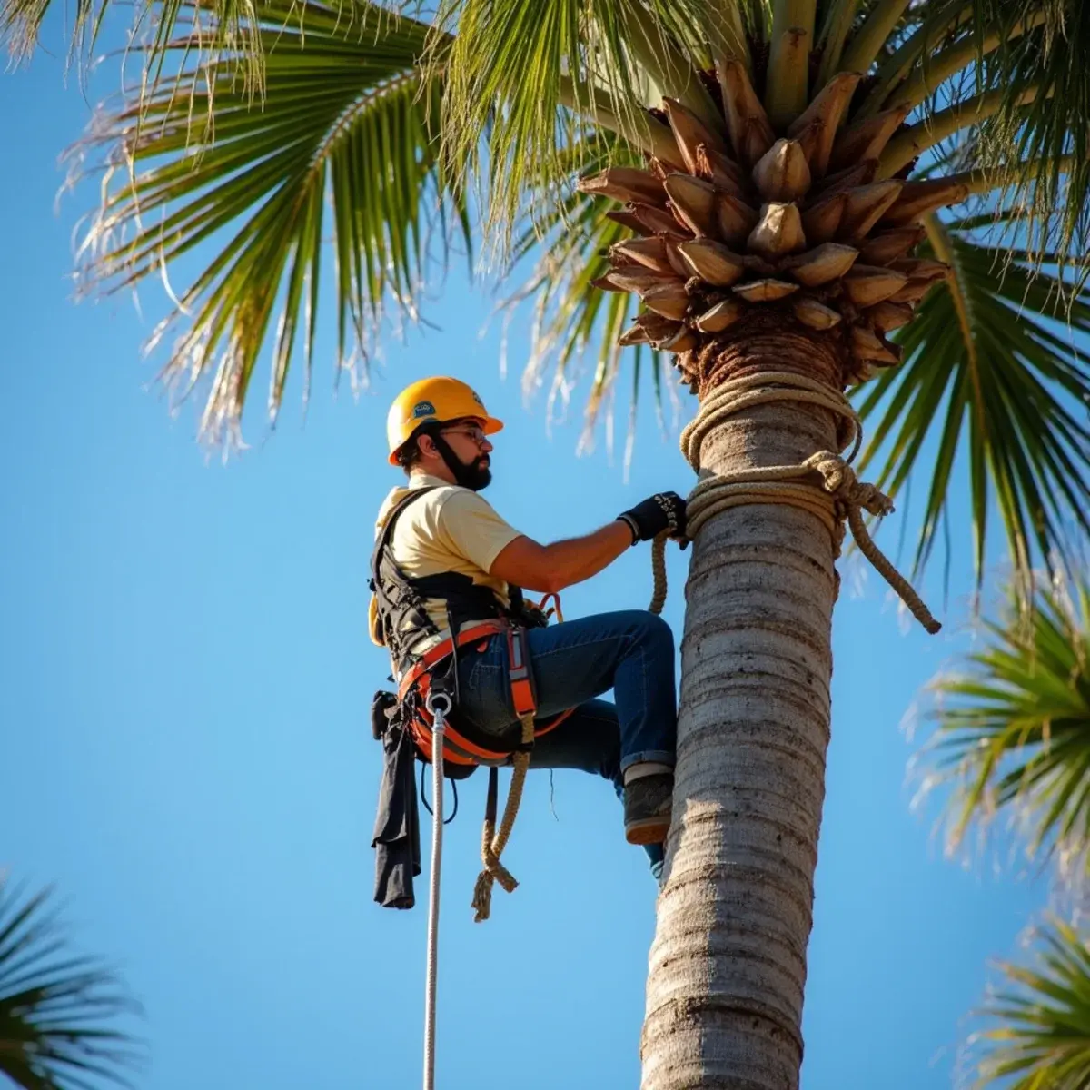 Climber in sabal palm, palm tree trimming & removal in St. Augustine, FL