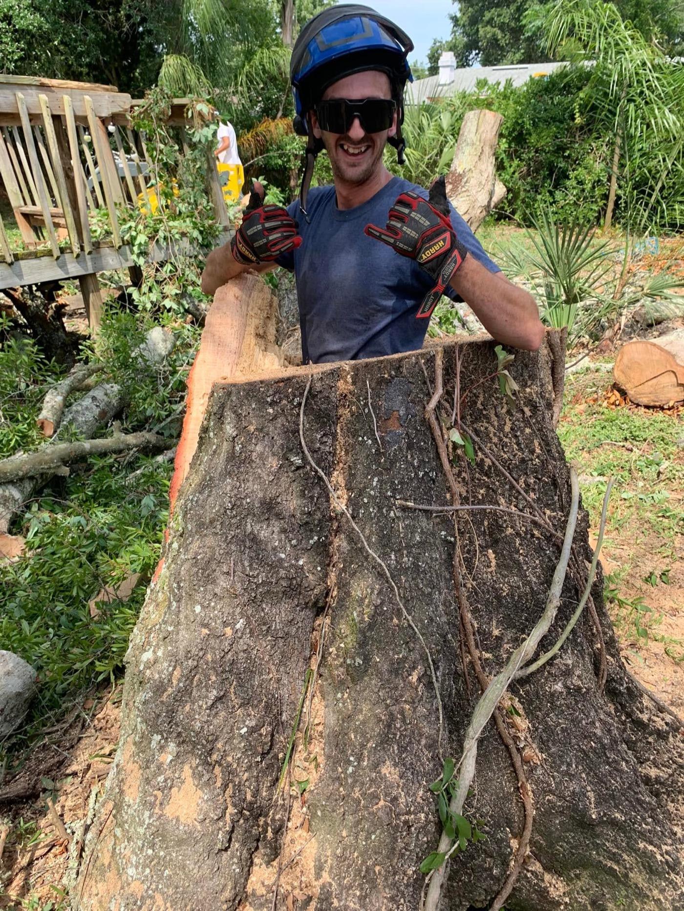 Have Faith Trees crew member beside a large oak stump after a tree removal in St. Augustine, FL