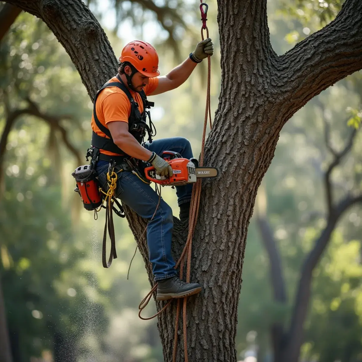 Climber rigging oak section, tree removal in St. Augustine, FL