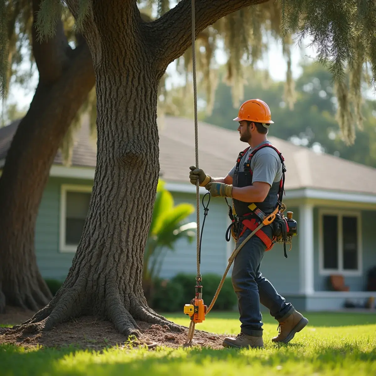 Groundsman lowering limb, tree removal in St. Augustine, FL