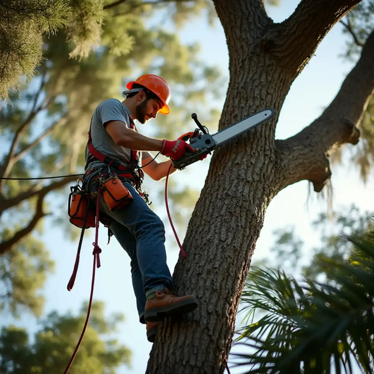 Certified climber pruning a live oak canopy in a St. Augustine, FL neighborhood